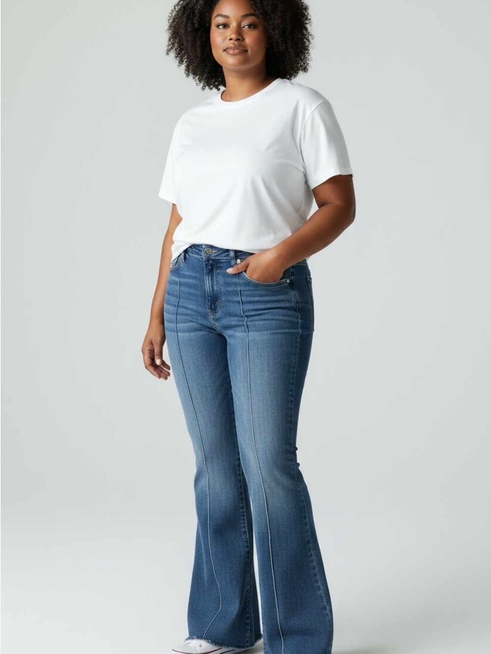 Espress 70s Fit & Flare Hyper Stretch Pintuck Seams Raw Hem Jeans Med (6,8, 10)
